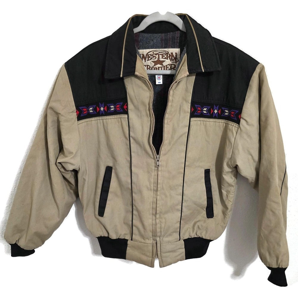 Vintage Western Frontier Jacket Mens Medium Tan Aztec Western Bomber 90s USA